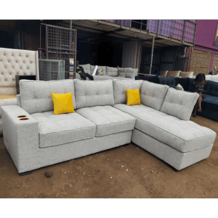 Grey L-Shaped Corner Sofa with Cup Holders | GatangaOS