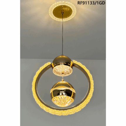 Modern gold ring pendant light with crystal accents High-brightness, energy-saving LED lighting Elegant circular design adds luxury and style Adjustable hanging height for versatile use Perfect for living rooms, dining areas, and hotels Durable build with long-lasting LED technology Easy to install and maintain Available at Gatanga Online Store (GatangaOS)