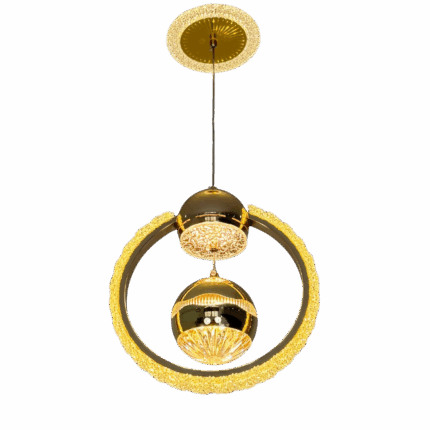 Modern gold ring pendant light with crystal accents High-brightness, energy-saving LED lighting Elegant circular design adds luxury and style Adjustable hanging height for versatile use Perfect for living rooms, dining areas, and hotels Durable build with long-lasting LED technology Easy to install and maintain Available at Gatanga Online Store (GatangaOS)